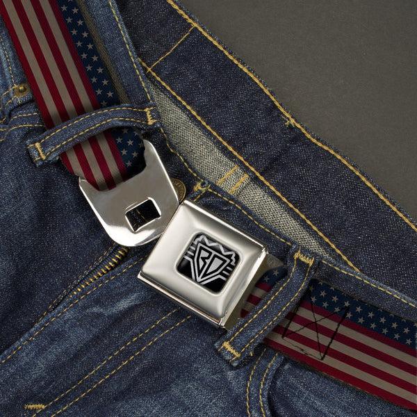 Buckle-Down BD Wings Logo CLOSE-UP Full Color Black Silver Seatbelt Belt - United States Flag Stars & Stripes Distressed Webbing