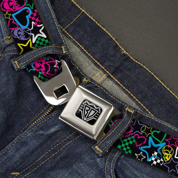 Buckle-Down BD Wings Logo CLOSE-UP Full Color Black Silver Seatbelt Belt - Sketch Skull/Star/Heart/Checker Black/Multi Webbing