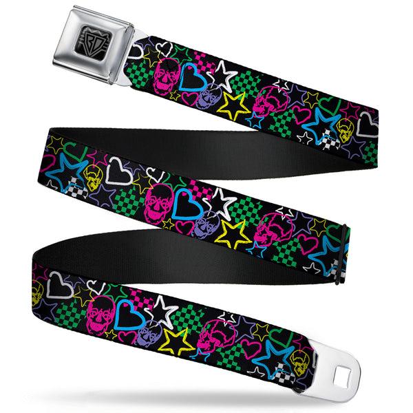 Buckle-Down BD Wings Logo CLOSE-UP Full Color Black Silver Seatbelt Belt - Sketch Skull/Star/Heart/Checker Black/Multi Webbing
