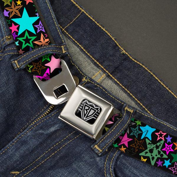 Buckle-Down BD Wings Logo CLOSE-UP Full Color Black Silver Seatbelt Belt - Stargazer Black/Multi Color Webbing