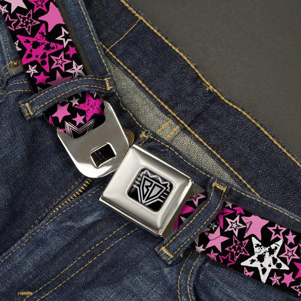 Buckle-Down BD Wings Logo CLOSE-UP Full Color Black Silver Seatbelt Belt - Stargazer Black/Pink Webbing