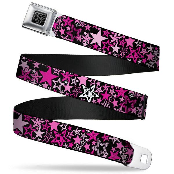 Buckle-Down BD Wings Logo CLOSE-UP Full Color Black Silver Seatbelt Belt - Stargazer Black/Pink Webbing