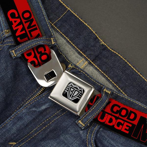 Buckle-Down BD Wings Logo CLOSE-UP Full Color Black Silver Seatbelt Belt - ONLY GOD CAN JUDGE ME/Stripe Red/Black/Red Webbing