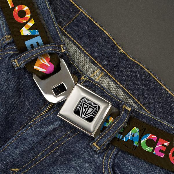 Buckle-Down BD Wings Logo CLOSE-UP Full Color Black Silver Seatbelt Belt - LOVE IS LOVE-PEACE IS PEACE/Symbol Black/Tie Dye Webbing