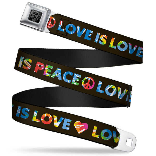 Buckle-Down BD Wings Logo CLOSE-UP Full Color Black Silver Seatbelt Belt - LOVE IS LOVE-PEACE IS PEACE/Symbol Black/Tie Dye Webbing