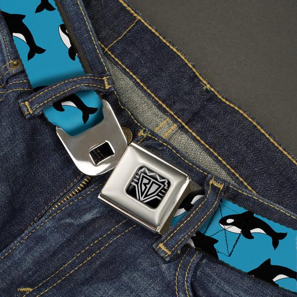 Buckle-Down BD Wings Logo CLOSE-UP Full Color Black Silver Seatbelt Belt - Killer Whales Scattered Blue/Black/White Webbing
