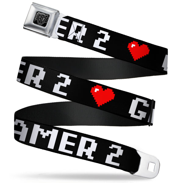Buckle-Down BD Wings Logo CLOSE-UP Full Color Black Silver Seatbelt Belt - GAMER 2/Heart 8-Bit Black/White/Red Webbing