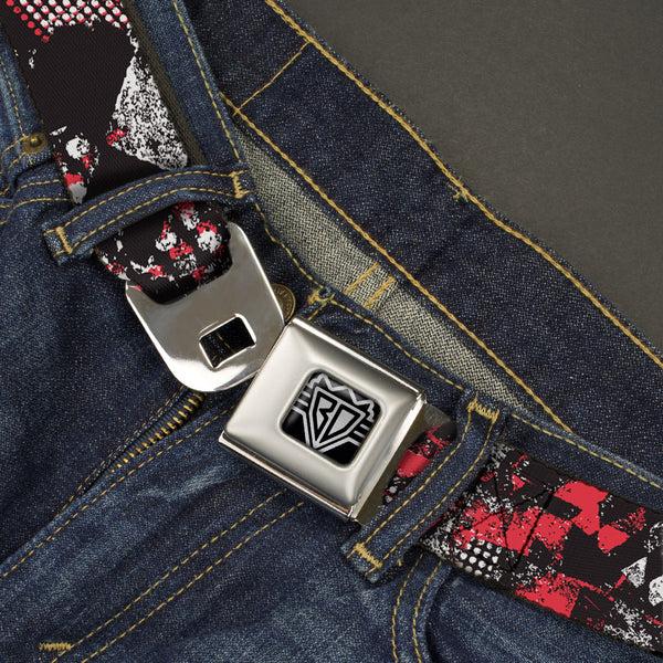Buckle-Down BD Wings Logo CLOSE-UP Full Color Black Silver Seatbelt Belt - Grunge Checker Flag Red Webbing