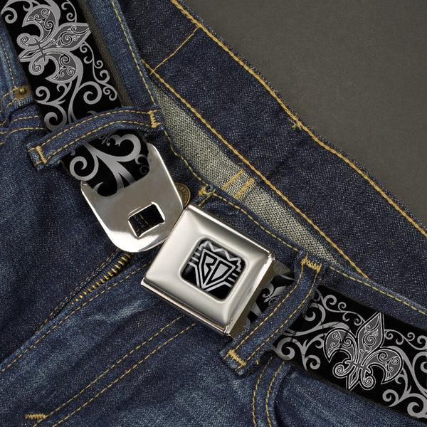 Buckle-Down BD Wings Logo CLOSE-UP Full Color Black Silver Seatbelt Belt - Fleur-de-Lis W/Filigree Black/Gray Webbing