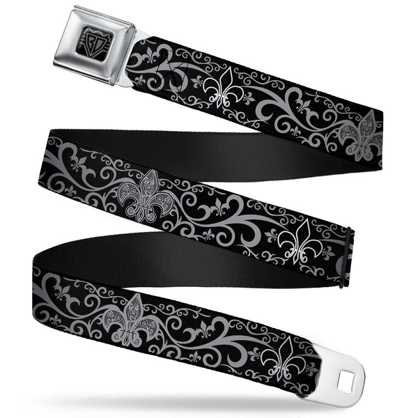 Buckle-Down BD Wings Logo CLOSE-UP Full Color Black Silver Seatbelt Belt - Fleur-de-Lis w/Filigree Black/Gray Webbing