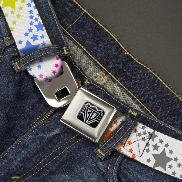 Buckle-Down BD Wings Logo CLOSE-UP Full Color Black Silver Seatbelt Belt - Falling Stars White/Multi Color Webbing