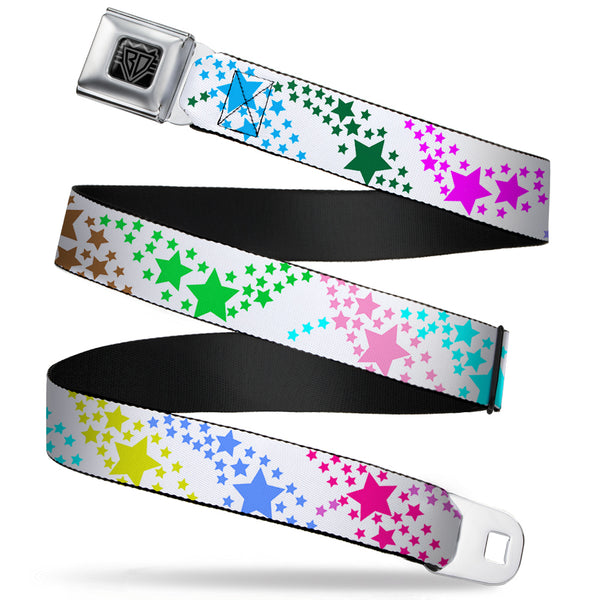 Buckle-Down BD Wings Logo CLOSE-UP Full Color Black Silver Seatbelt Belt - Falling Stars White/Multi Color Webbing