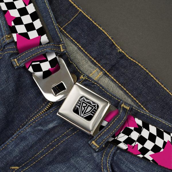 Buckle-Down BD Wings Logo CLOSE-UP Full Color Black Silver Seatbelt Belt - Checker & Stars Black/White/Pink Webbing