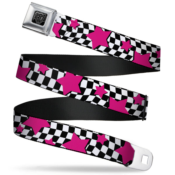 Buckle-Down BD Wings Logo CLOSE-UP Full Color Black Silver Seatbelt Belt - Checker & Stars Black/White/Pink Webbing