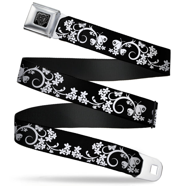 Buckle-Down BD Wings Logo CLOSE-UP Full Color Black Silver Seatbelt Belt - Butterfly Garden2 Black/White Webbing
