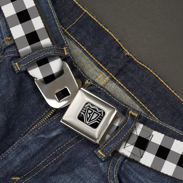 Buckle-Down BD Wings Logo CLOSE-UP Full Color Black Silver Seatbelt Belt - Buffalo Plaid Black/White Webbing