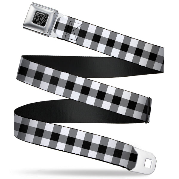 Buckle-Down BD Wings Logo CLOSE-UP Full Color Black Silver Seatbelt Belt - Buffalo Plaid Black/White Webbing
