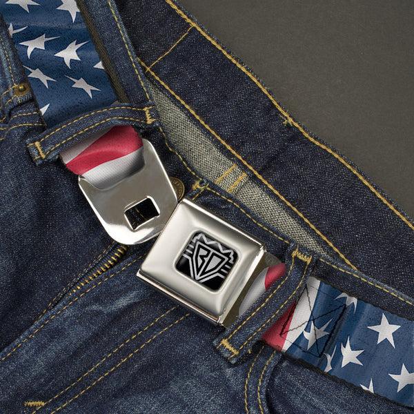 Buckle-Down BD Wings Logo CLOSE-UP Full Color Black Silver Seatbelt Belt - American Flag Vertical CLOSE-UP Webbing