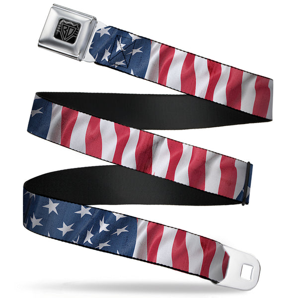 Buckle-Down BD Wings Logo CLOSE-UP Full Color Black Silver Seatbelt Belt - American Flag Vertical CLOSE-UP Webbing