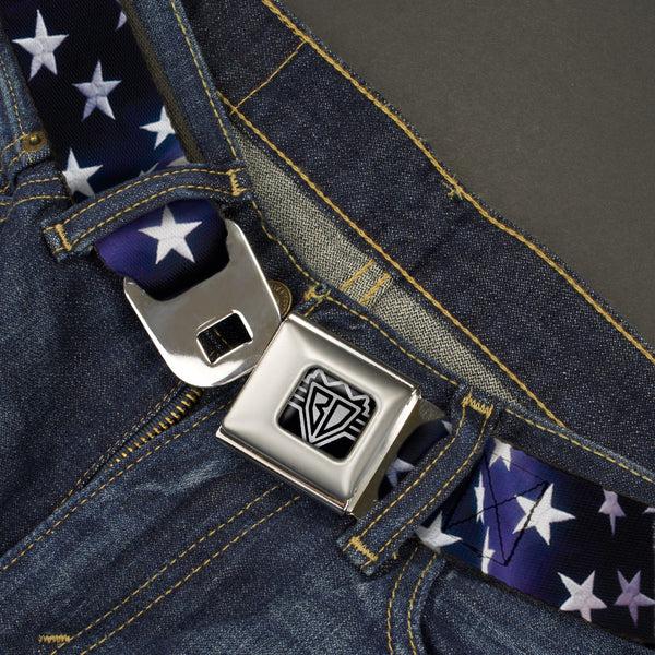 Buckle-Down BD Wings Logo CLOSE-UP Full Color Black Silver Seatbelt Belt - American Flag Vivid Stars Blue/White Webbing