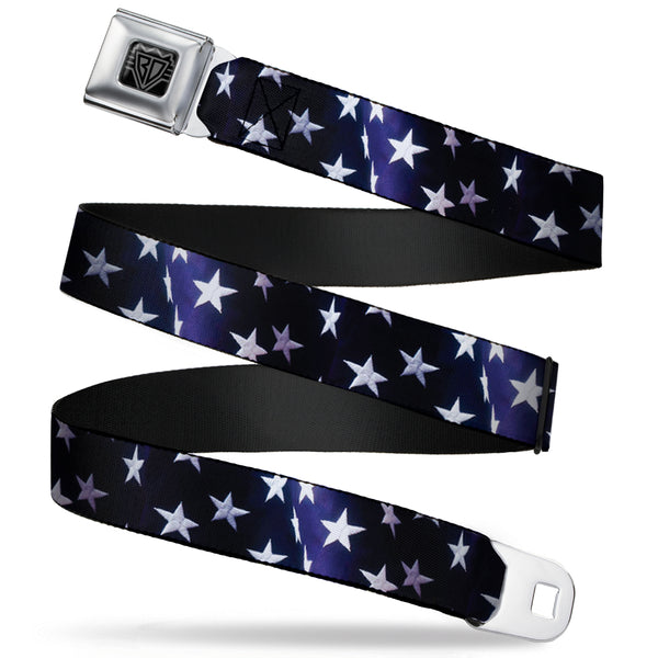 Buckle-Down BD Wings Logo CLOSE-UP Full Color Black Silver Seatbelt Belt - American Flag Vivid Stars Blue/White Webbing