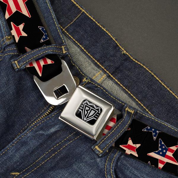 Buckle-Down BD Wings Logo CLOSE-UP Full Color Black Silver Seatbelt Belt - Americana Stars & Flags Black/Red/White/Blue Webbing