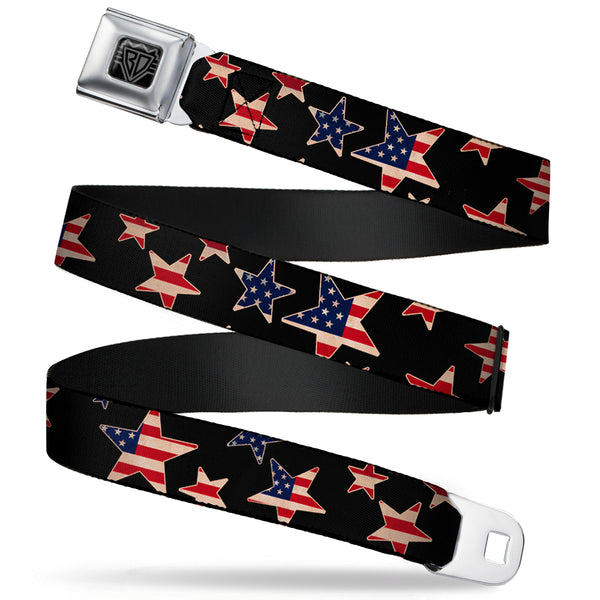 Buckle-Down BD Wings Logo CLOSE-UP Full Color Black Silver Seatbelt Belt - Americana Stars & Flags Black/Red/White/Blue Webbing