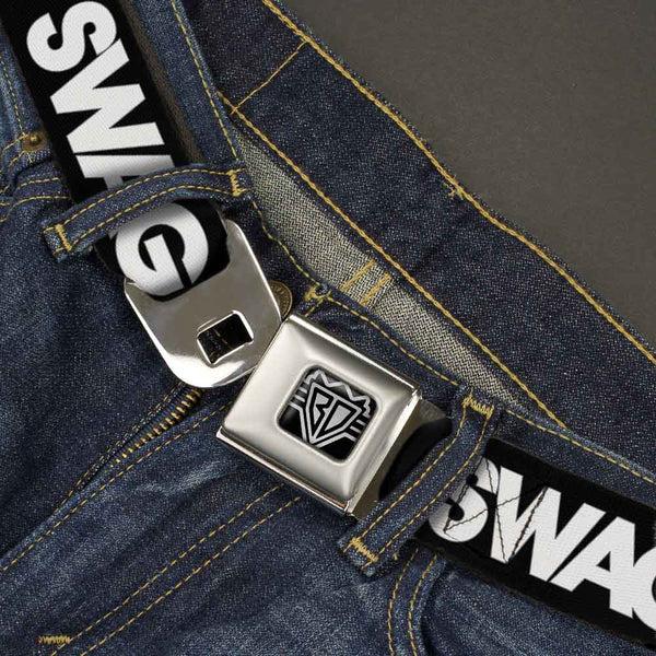 Buckle-Down BD Wings Logo CLOSE-UP Full Color Black Silver Seatbelt Belt - SWAG Black/White Webbing