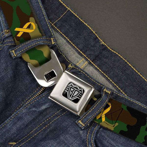 Buckle-Down BD Wings Logo CLOSE-UP Full Color Black Silver Seatbelt Belt - Support Our Troops Camo Olive/Yellow Ribbon Webbing