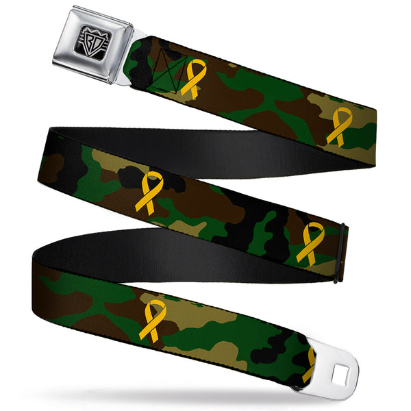 Buckle-Down BD Wings Logo CLOSE-UP Full Color Black Silver Seatbelt Belt - Support Our Troops Camo Olive/Yellow Ribbon Webbing