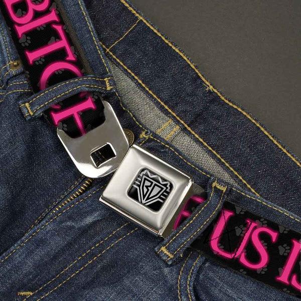 Buckle-Down BD Wings Logo CLOSE-UP Full Color Black Silver Seatbelt Belt - ONE OF US IS A BITCH Crown/Paws Black/Gray/Pink Webbing