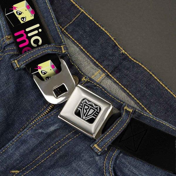 Buckle-Down BD Wings Logo CLOSE-UP Full Color Black Silver Seatbelt Belt - LICK ME Battery Cartoon Webbing