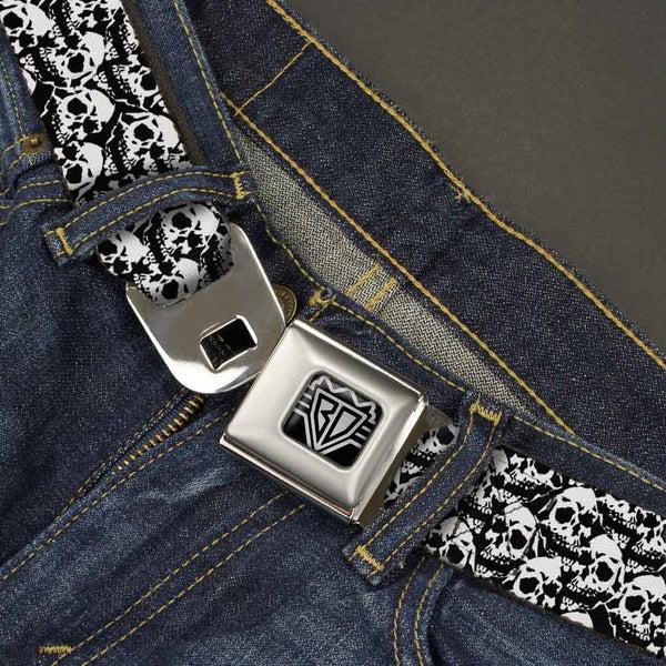 Buckle-Down BD Wings Logo CLOSE-UP Full Color Black Silver Seatbelt Belt - Skull Yard Black/White Webbing