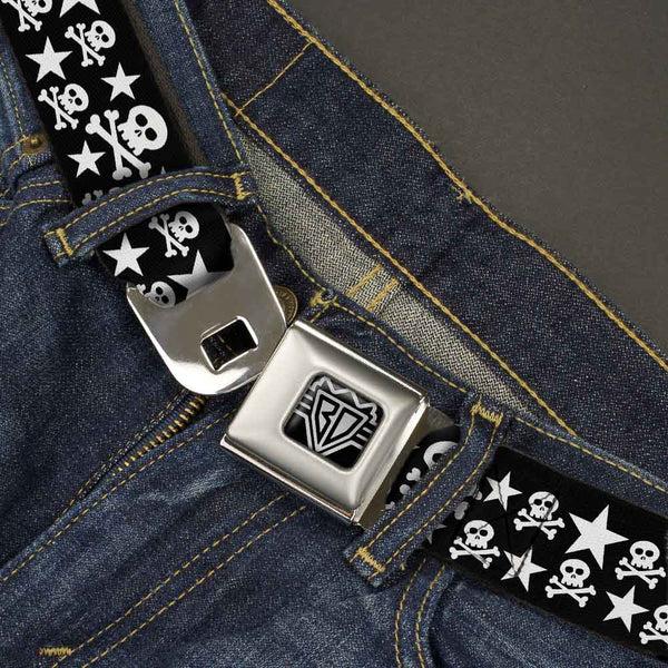 Buckle-Down BD Wings Logo CLOSE-UP Full Color Black Silver Seatbelt Belt - Skulls & Stars Black/White Webbing