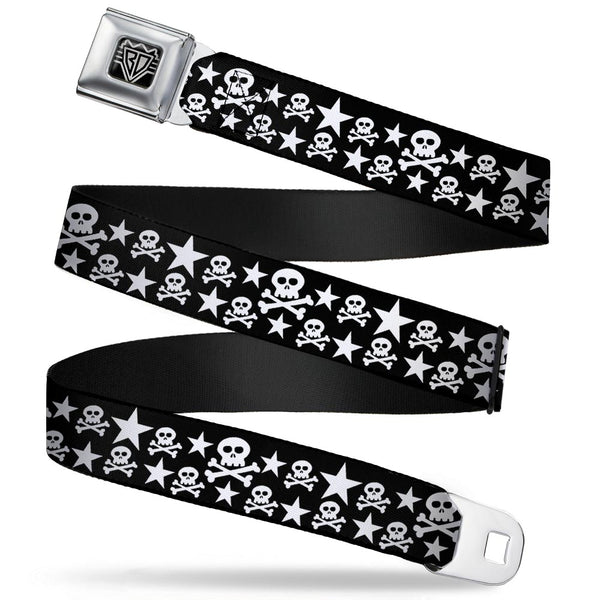 Buckle-Down BD Wings Logo CLOSE-UP Full Color Black Silver Seatbelt Belt - Skulls & Stars Black/White Webbing
