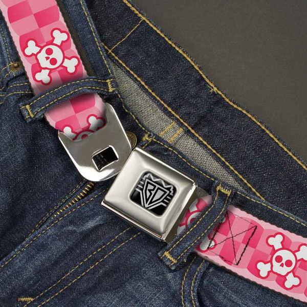 Buckle-Down BD Wings Logo CLOSE-UP Full Color Black Silver Seatbelt Belt - Cute Skulls W/Checkers Pinks/White Webbing