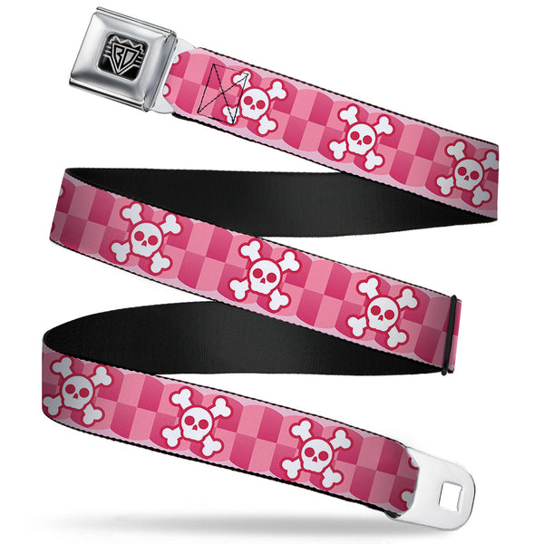 Buckle-Down BD Wings Logo CLOSE-UP Full Color Black Silver Seatbelt Belt - Cute Skulls w/Checkers Pinks/White Webbing