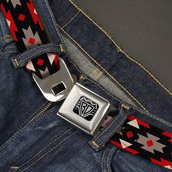 Buckle-Down BD Wings Logo CLOSE-UP Full Color Black Silver Seatbelt Belt - Navajo Red/Black/Gray/Red Webbing