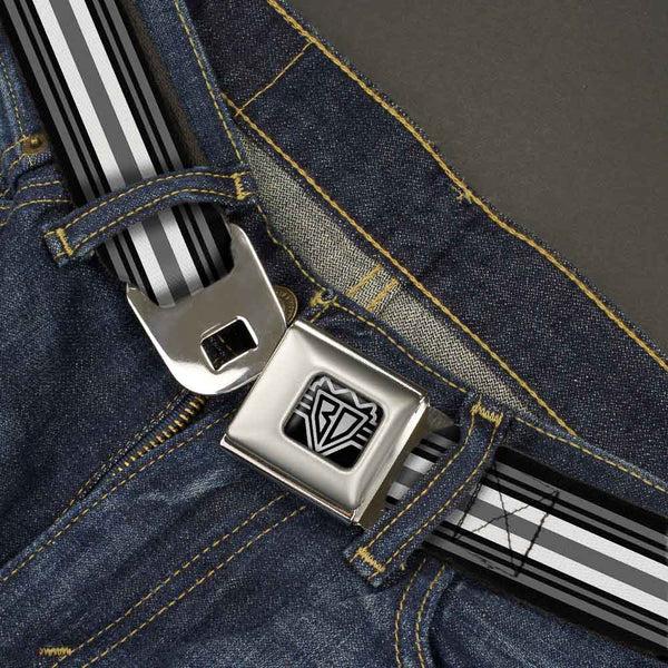 Buckle-Down BD Wings Logo CLOSE-UP Full Color Black Silver Seatbelt Belt - Striped Black/Gray/White Webbing