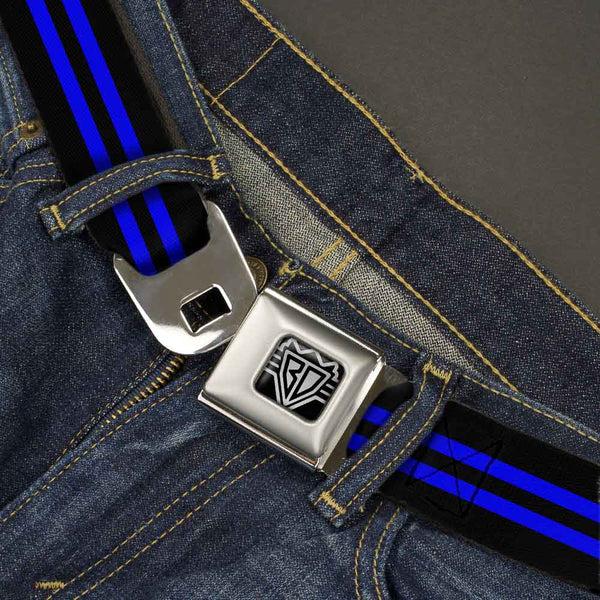 Buckle-Down BD Wings Logo CLOSE-UP Full Color Black Silver Seatbelt Belt - Stripe Black/Blue Webbing
