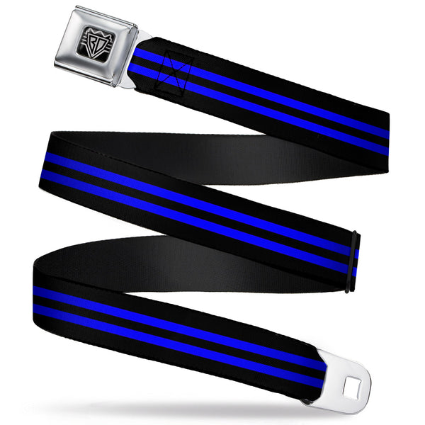 Buckle-Down BD Wings Logo CLOSE-UP Full Color Black Silver Seatbelt Belt - Stripe Black/Blue Webbing