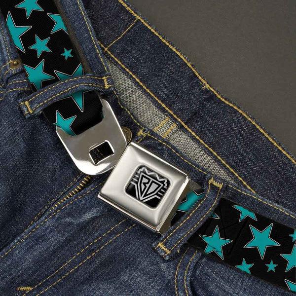 Buckle-Down BD Wings Logo CLOSE-UP Full Color Black Silver Seatbelt Belt - Stars/Multi Stars Black/Turquoise Webbing