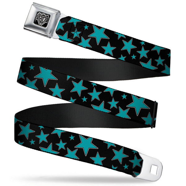 Buckle-Down BD Wings Logo CLOSE-UP Full Color Black Silver Seatbelt Belt - Stars/Multi Stars Black/Turquoise Webbing