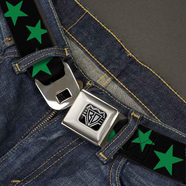 Buckle-Down BD Wings Logo CLOSE-UP Full Color Black Silver Seatbelt Belt - Stars Scattered Black/Green Webbing