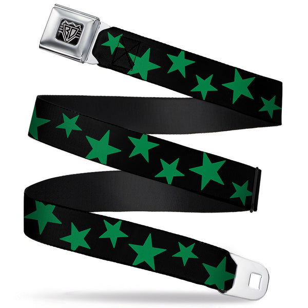 Buckle-Down BD Wings Logo CLOSE-UP Full Color Black Silver Seatbelt Belt - Stars Scattered Black/Green Webbing