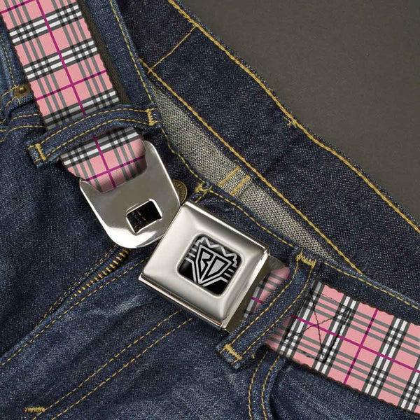 Buckle-Down BD Wings Logo CLOSE-UP Full Color Black Silver Seatbelt Belt - Plaid Pink Webbing