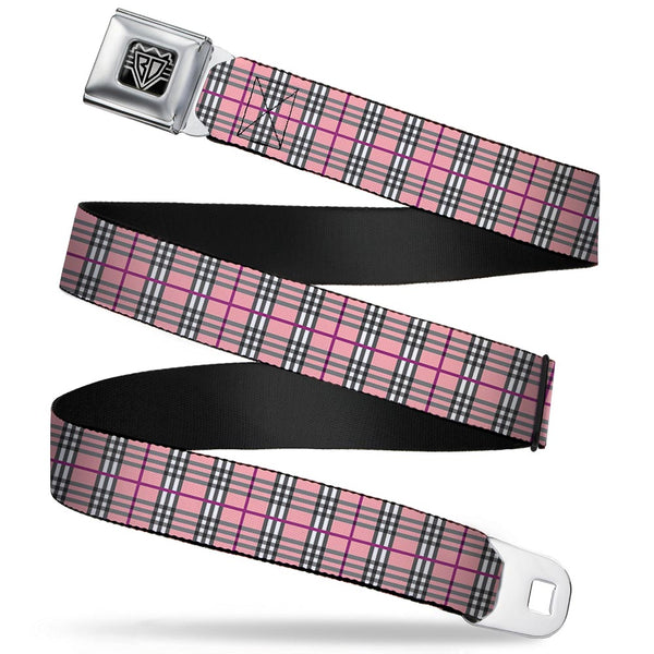 Buckle-Down BD Wings Logo CLOSE-UP Full Color Black Silver Seatbelt Belt - Plaid Pink Webbing
