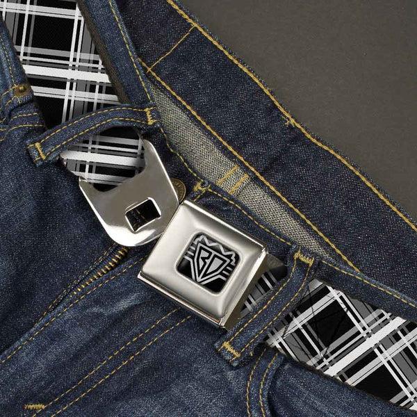 Buckle-Down BD Wings Logo CLOSE-UP Full Color Black Silver Seatbelt Belt - Plaid X2 Black/Grays/White Webbing
