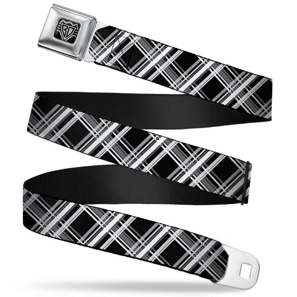 Buckle-Down BD Wings Logo CLOSE-UP Full Color Black Silver Seatbelt Belt - Plaid X2 Black/Grays/White Webbing