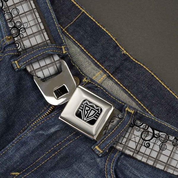 Buckle-Down BD Wings Logo CLOSE-UP Full Color Black Silver Seatbelt Belt - Plaid Curls Gray Webbing